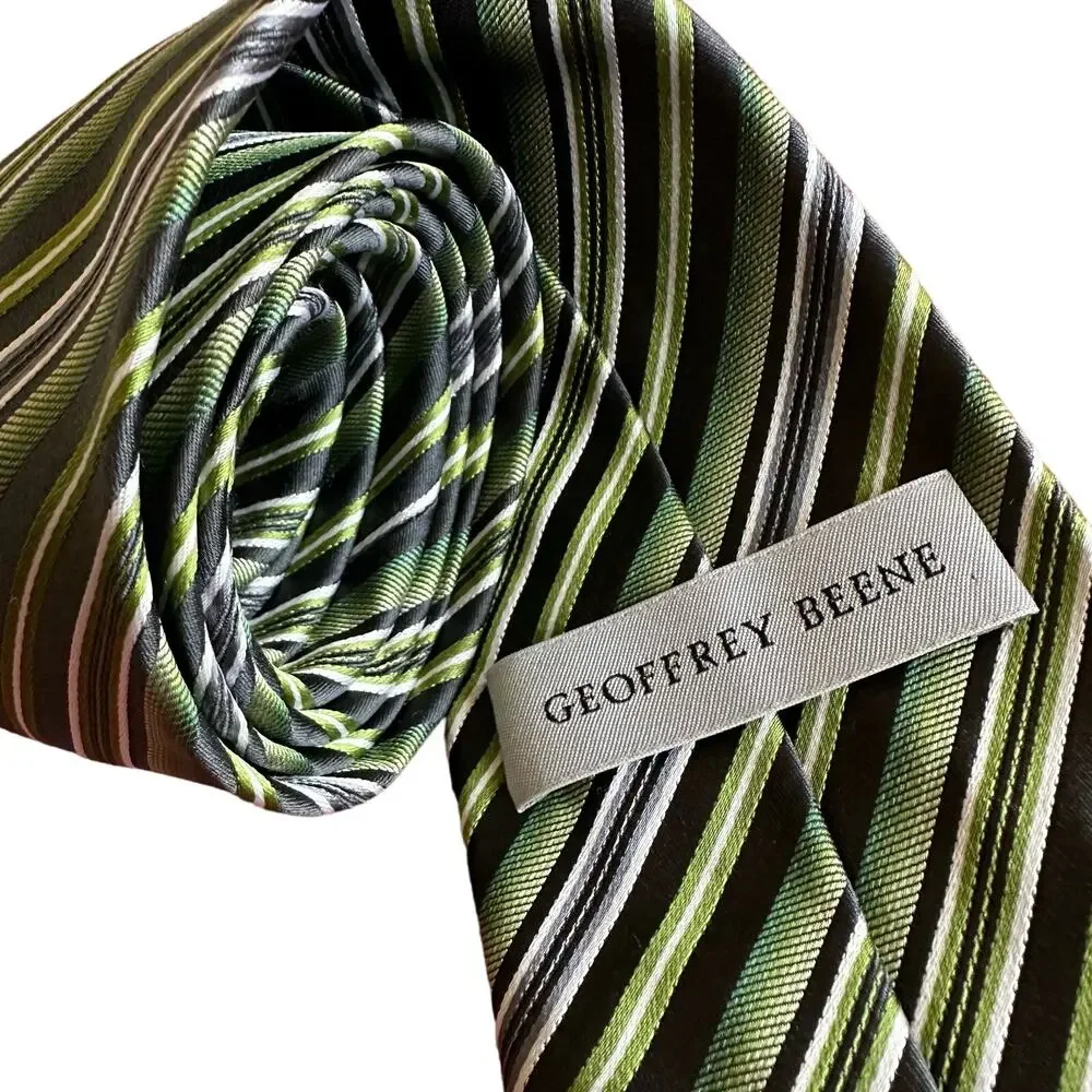 Geoffrey Beene | Men's Tie 100% Silk Green Grey White Striped
